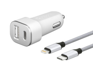 Зарядное устройство автомобильное Deppa USB-C + USB-A, PD 18W + кабель USB-C - Lightning, белый