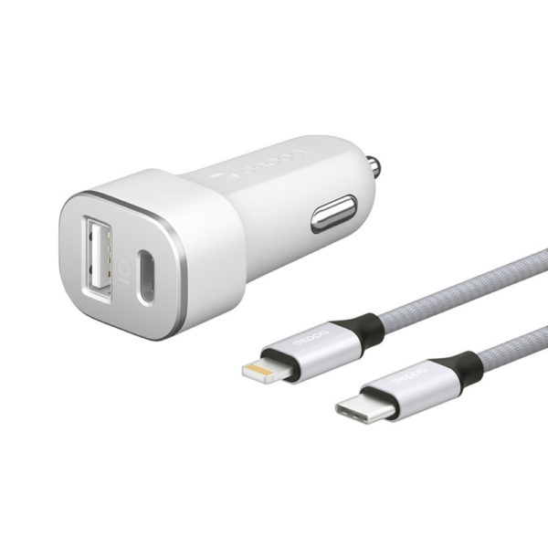 Зарядное устройство автомобильное Deppa USB-C + USB-A, PD 18W + кабель USB-C - Lightning, белый