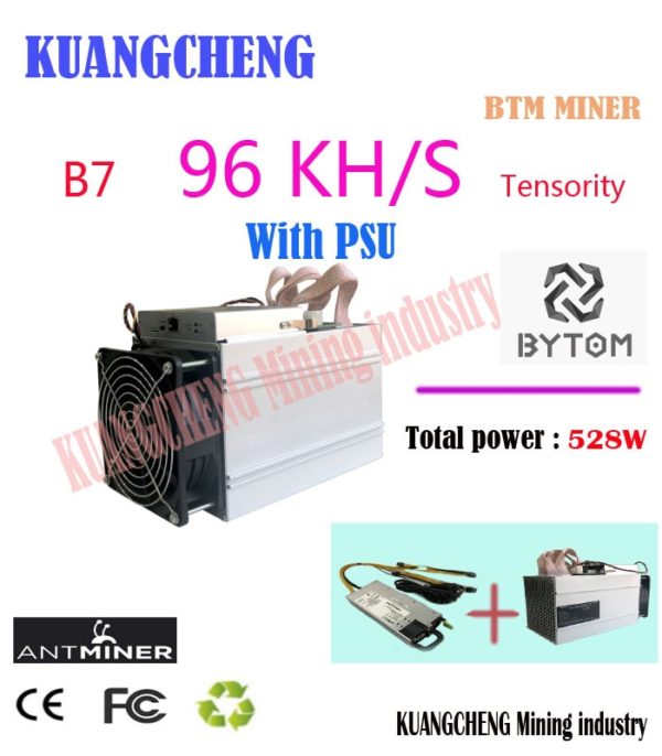 Buy 2019 used  Antminer B7 96KH/s 528W BTM Miner With 750W PSU Asic Tensority Miner Mine BTM better than Antminer S9 S11 S15 A9 Z9