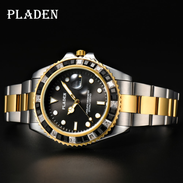 Купить PLADEN Gold and Silver Watch Men Black Square Diamond Casual Japanese Movt European Timepiece Dive Man Friendship Marcas Famosas цена вас порадует