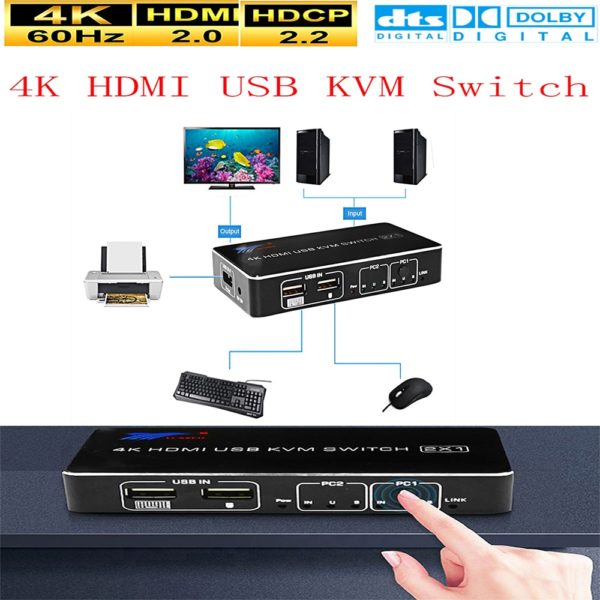 Купить 2 Port HDMI USB KVM 4K Switcher Splitter 4K @ 60Hz RGB/YUV 4：4：4 HDR HDMI 2.0 Switcher 2X1for Sharing Printer Keyboard Mouse цена вас порадует