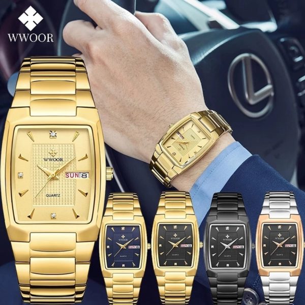 Купить 2021 WWOOR Gold Watch For Men Top Brand Luxury Square Quartz Wrist Watch Male Full Steel Waterproof Date Clock Relogio Masculino цена вас порадует
