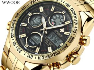 Купить WWOOR Men's Watch Top Luxury Gold Big Dial LED Digital Waterproof Sport Chronograph Clock Steel Strap Quartz Dual Time Watch Men цена вас порадует