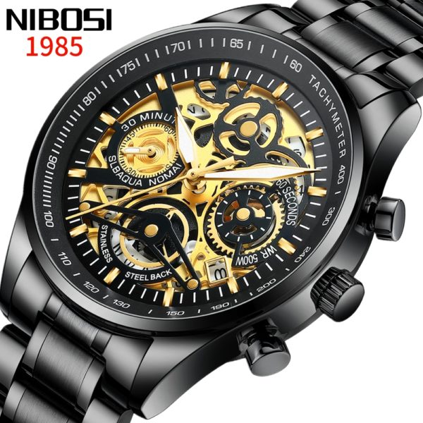 Купить Relogio Masculino NIBOSI Skeleton Mens Watches Top Brand Luxury Wristwatches for Men Waterproof Business Gold  Handsome Clock цена вас порадует