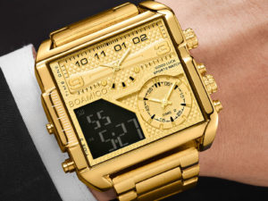 Купить BOAMIGO 2021 New Top Brand Luxury Fashion Men Watches Gold Stainless Steel Sport Square Digital Analog Big Quartz Watch for Men цена вас порадует