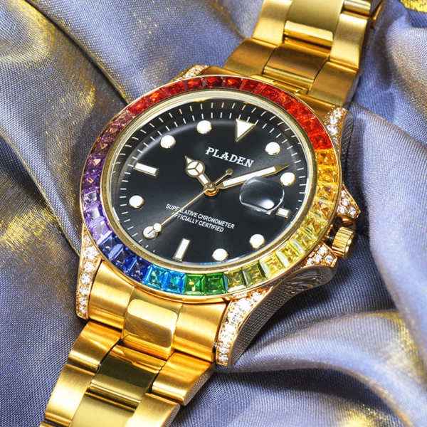 Купить PLADEN Rainbow Diamond Men Watches Luxury Sapphire Glass Anti-Shock Waterproof Gold Stainless Steel Classic Quartz Wristwatches цена вас порадует