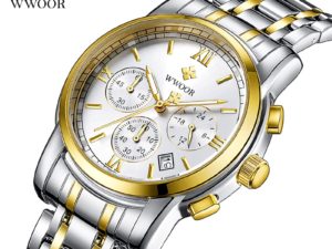 Купить WWOOR 2021Gold White Watch Men Reloj Hombre Casual Business Stainless Steel Wrist Watch For Men Waterproof Sport Chronograph New цена вас порадует