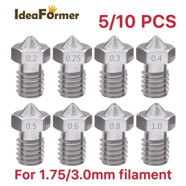 Купить 5/10pcs V6 Stainless Steel Nozzle 0.2/0.25/0.3/0.4/0.5/0.6/0.8/1.0mm M6 Threaded for 1.75/3.0mm Filament 3D Printer Print Head цена вас порадует