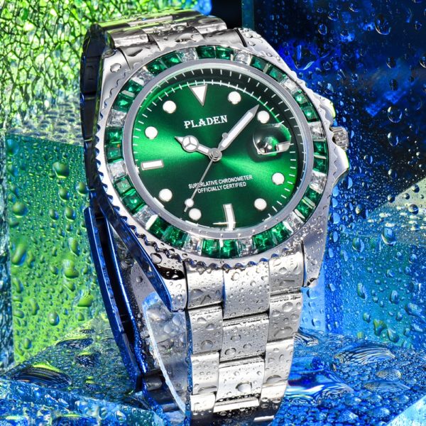 Купить PLADEN Mens Stainless Steel Watch Green Square Diamond Waterproof Zegarek 22mm Watchband Anti-Shock Seiko Timer Gift For Husband цена вас порадует