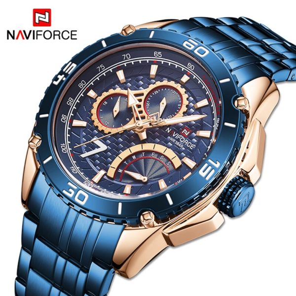 Купить NAVIFORCE Men Quartz Analog Wristwatches Rose Gold Blue Military Sports Stainless Steel Week Display Luminous Male Clock Watches цена вас порадует