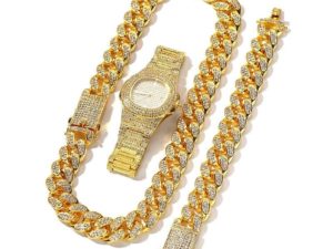 Купить 3 Pcs Necklace+Watch+Bracelet Hip Hop Miami Cuban Chain Gold Color Iced Out Paved Rhinestones CZ Bling Rapper Men Jewelry Joyas цена вас порадует