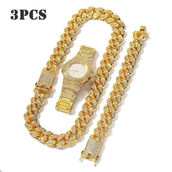 Купить 3 Pcs Necklace+Watch+Bracelet Hip Hop Miami Cuban Chain Gold Color Iced Out Paved Rhinestones CZ Bling Rapper Men Jewelry Joyas цена вас порадует