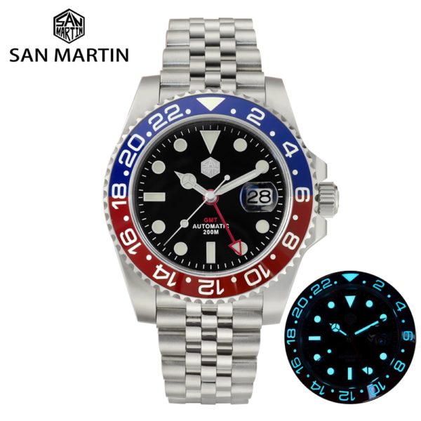 Купить San Martin GMT Luxury Men Watch Jubilee Bracelet Bidirectional Ceramic Bezel Sapphire Cyclops Waterproof 20Bar BGW-9 Luminous цена вас порадует
