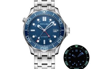Купить PHYLIDA 2021 New 20br Waterproof Blue Wave Dial Automatic Sport Business Watch Male Sapphire Crystal for Sea-Master Diver цена вас порадует
