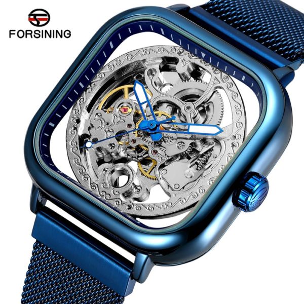 Купить Forsining Men's Business Automatic Mechanical Hollow Square Dial Watch Stainless Steel Mesh Magnetic Buckle Strap Male Watches цена вас порадует
