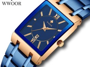 Купить WWOOR New Blue Full Steel Watch Men with Automatic Date Luxury Business Square Quartz Analog Waterproof Wrist Watch Reloj Hombre цена вас порадует