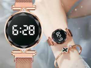 Купить Luxury Digital Magnet Watches For Women Rose Gold Stainless Steel Dress LED Quartz Watch Female Clock Relogio Feminino Drop Ship цена вас порадует