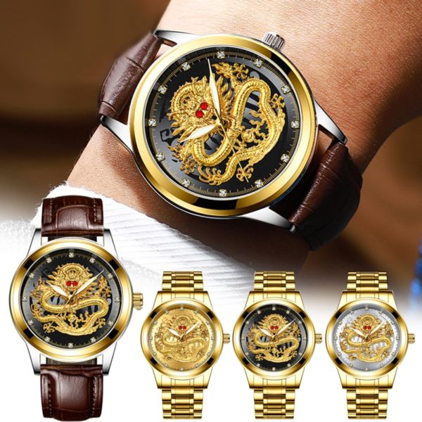 Купить Hot Men's Business Golden Dragons Watch Non-Mechanical Waterproof Watch Suitable For Middle-Aged Men TY66 цена вас порадует