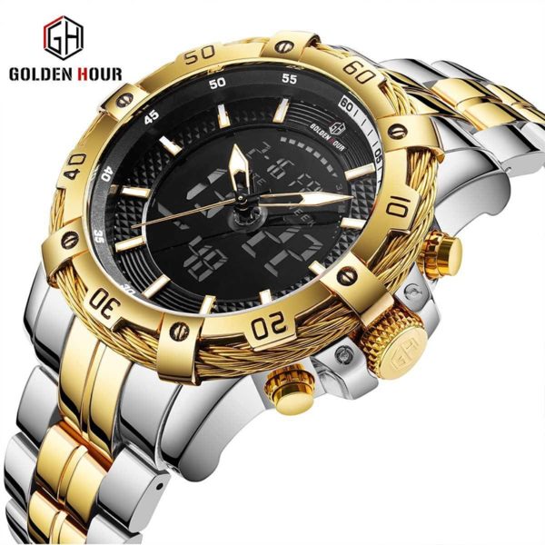 Купить GOLDENHOUR Sport Top Brand Men's Watches Stainless Steel Band Luxury Quartz Wristwatches Week Display