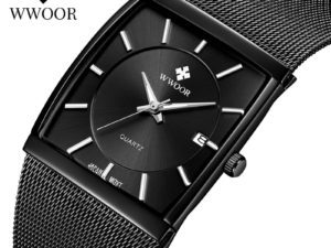 Купить WWOOR Luxury Black Watches Mens Square Ultra Thin Steel Mesh Quartz Men Wrist Watch Waterproof Business Watch Male Reloj Hombre цена вас порадует