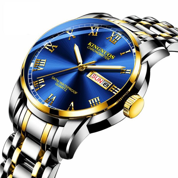 Купить KINGNUOS 2020 men's steel belt quartz watch calendar week multifunctional waterproof watch room gold belt watch student watch цена вас порадует