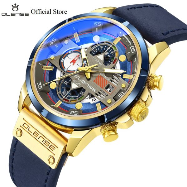 Купить OLENSE Men Military Sport Wrist Watch Blue Quartz Steel Waterproof Chronograph Male Clock Date Luminous Hands Wristwatches 9002m цена вас порадует