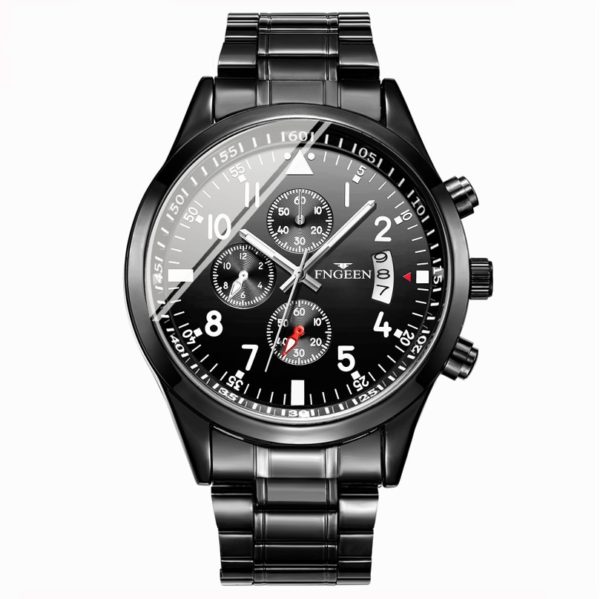 Купить FNGEEN Black Steel Watch Men Fashion Men Wristwatch Male Luxury Brand Quartz Clock Man Calendar Waterproof Watches Relojes цена вас порадует