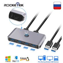 Купить Rocketek USB KVM Switch Box USB 3.0 2.0 Switcher 2 Port PCs Sharing 4 Devices for Keyboard Mouse Printer Monitor with 2 Cables цена вас порадует